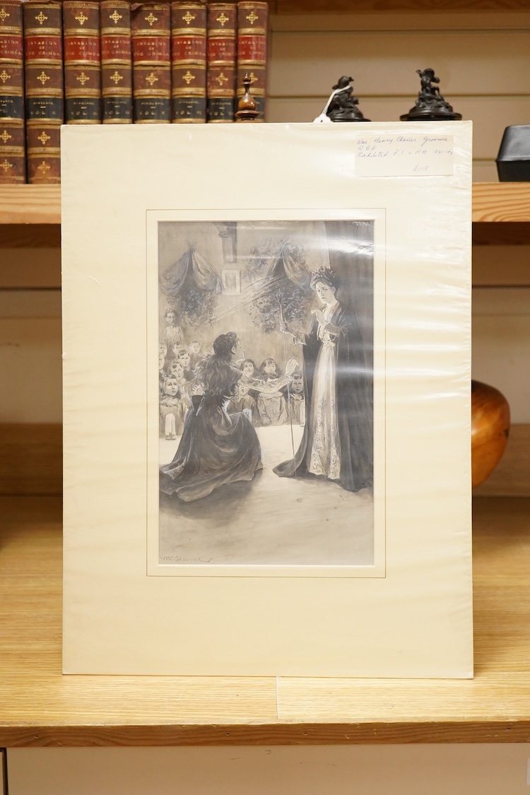 William Henry Charles Groome (act.1881-1914), Figures on stage, signed lower left, en grisaille watercolour, 31 x 20cm